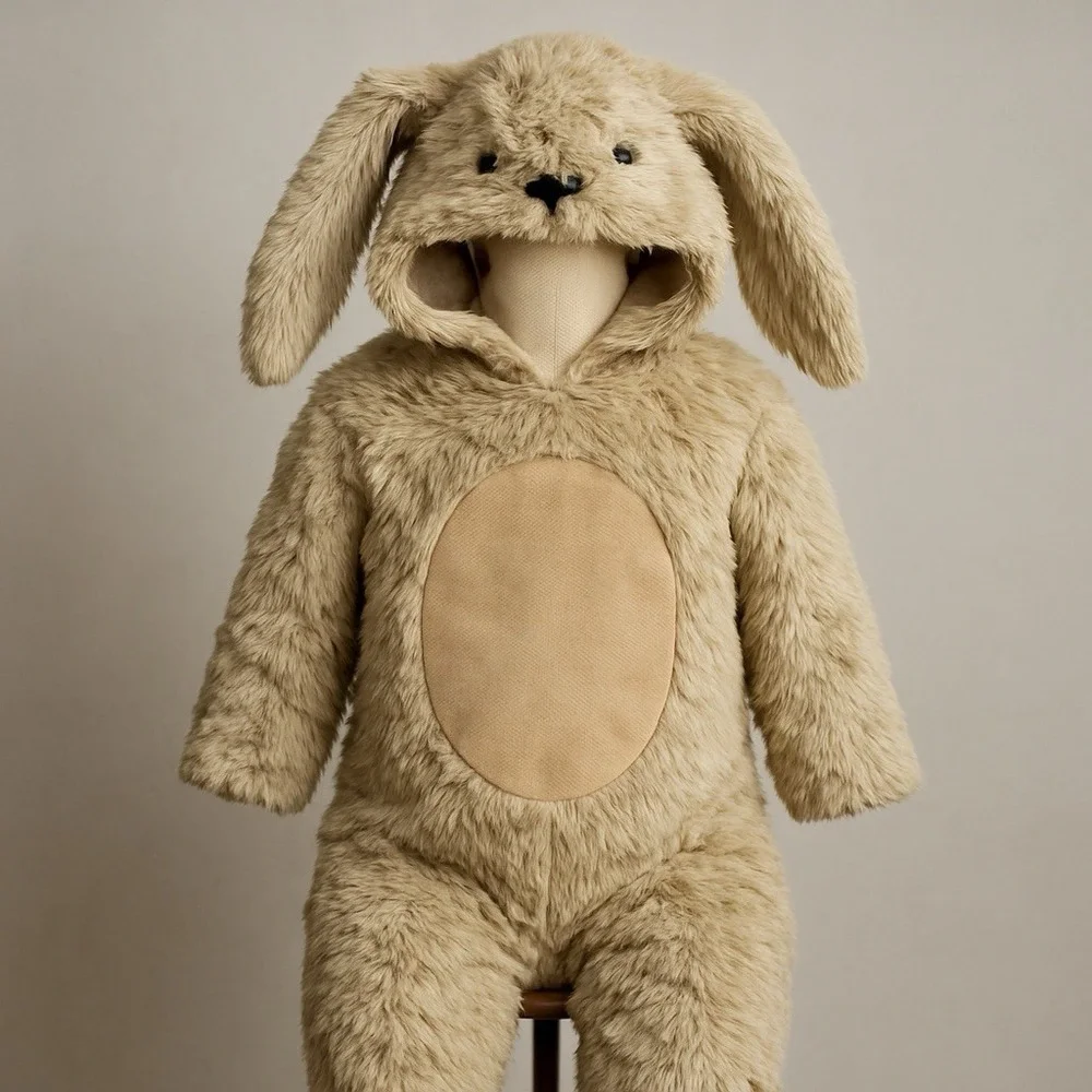 Pottery Barn Kids Puppy Dog Costume Beige Furry Hooded One Piece 6-12 Months